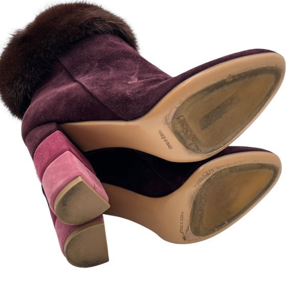  サルヴァトーレフェラガモ Ferragamo ブーツ ロリス ファー ショートブーツ ワインレッド スウェード 51 2 23 cm レディース S 5 Y 276 その他 ブーツ