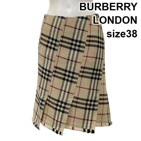 ◆ バーバリーロンドン 膝丈スカート ラップ風デザイン ノヴァチェック柄 フリンジ ベージュ 毛100％ 38 M 9号 レディース S 5 Y 300