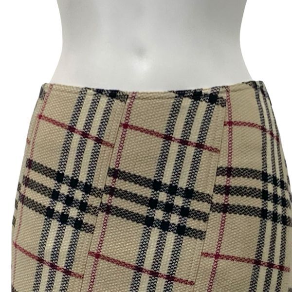 バーバリーロンドン 膝丈スカート ラップ風デザイン ノヴァチェック柄 フリンジ ベージュ 毛100％ 38 M 9号 レディース S 5 Y 300