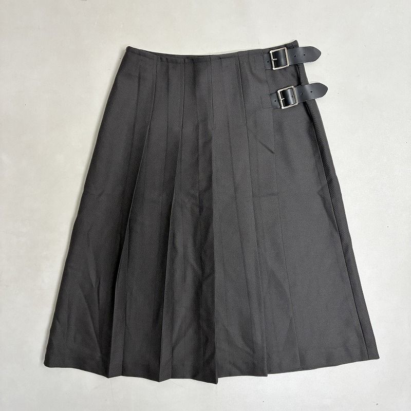 O’NEIL of DUBLIN オニールオブダブリン スカート アイルランド製 ラップスカート 膝丈 プリーツ 牛革ベルト 古着 ウール グレー サイズ42 レディース 0.39 kg