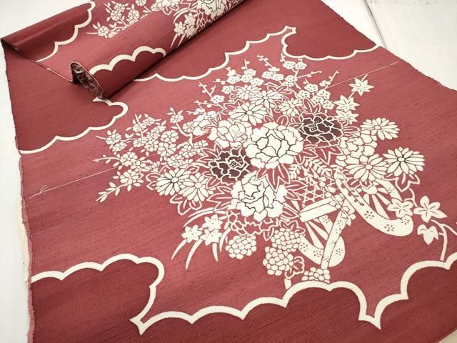 平和屋本店座布団地　座布団カバー　反物　正絹浜紬　花車　座布団5枚分　逸品　未使用　DAAV8273zzz