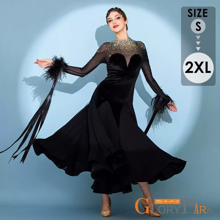 社交ダンス ドレス ダンス衣装 初心者 練習着 競技着 社交ダンス衣装 ワンピース 長袖 レース 透け感 豪華 パーティー モダン スタンダード ルンバ 発表会 開場ドレス ストレッチ 団体 ブラック S M L XL 2