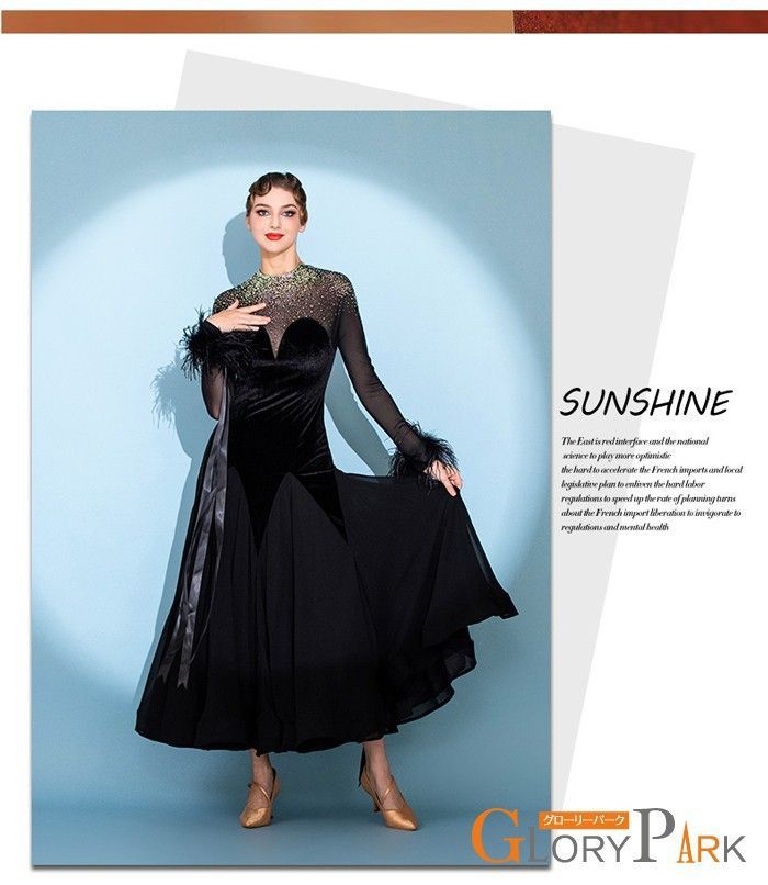 社交ダンス ドレス ダンス衣装 練習着 競技着 社交ダンス衣装 ワンピース 長袖 レース 透け感 豪華 パーティー モダン ルンバ 発表会 開場ドレス ストレッチ 団体 ブラック S M L XL 2