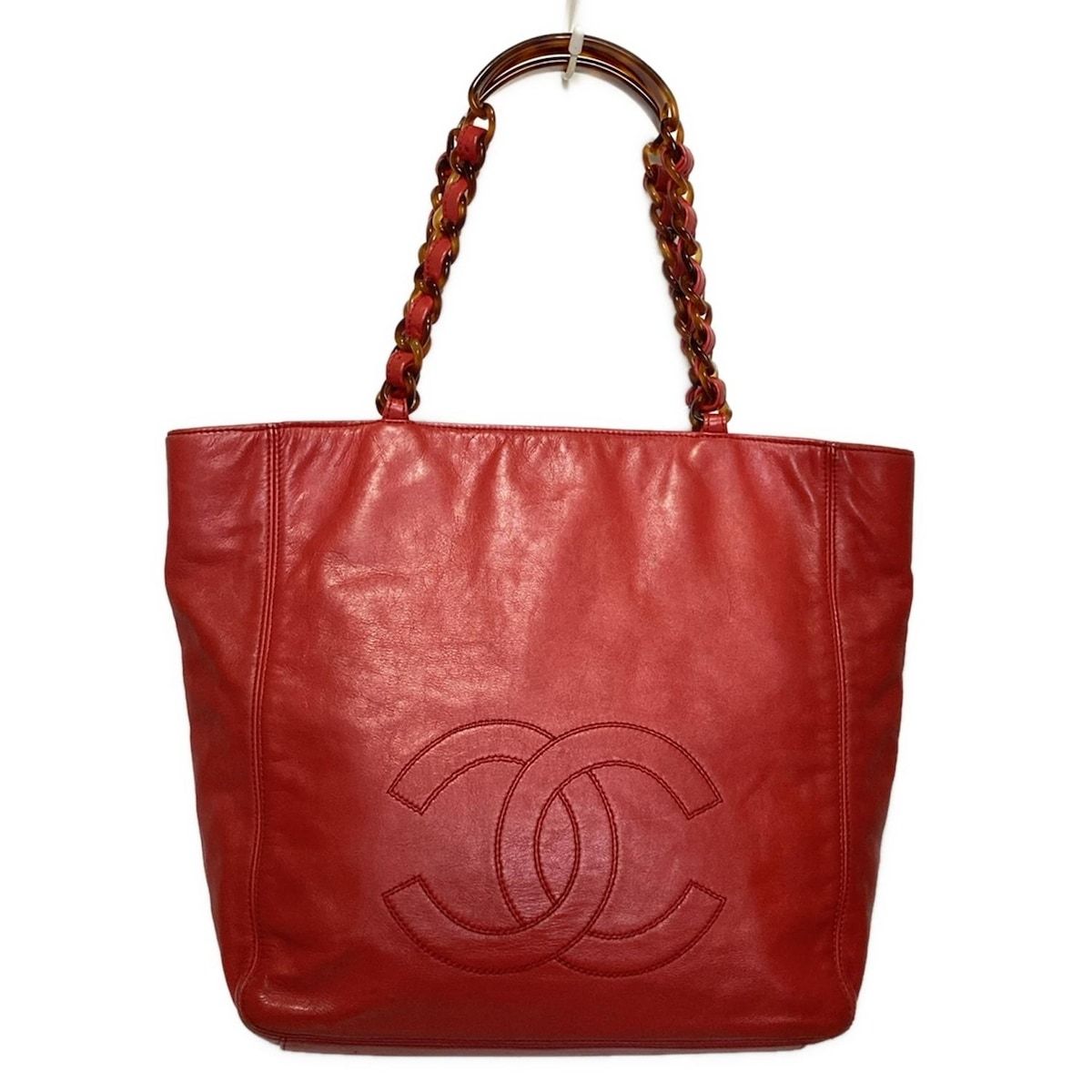 CHANEL 赤 レザー トートバッグ CHANEL(シャネル) トートバッグ - レッド×ブラウン プラスチック