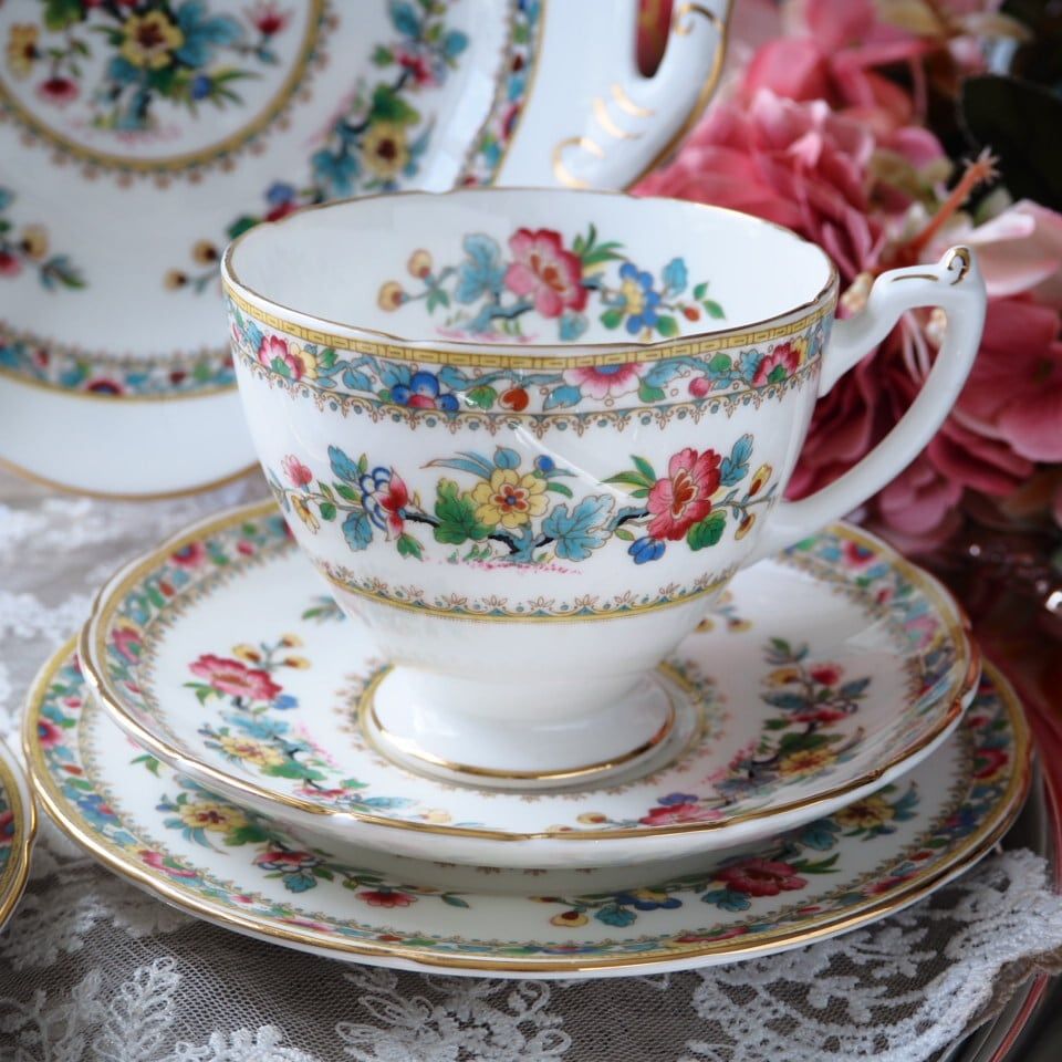 美ヴィンテージ 英国コールポート製ミングローズ トリオ2客＋ な深皿プレート F 2