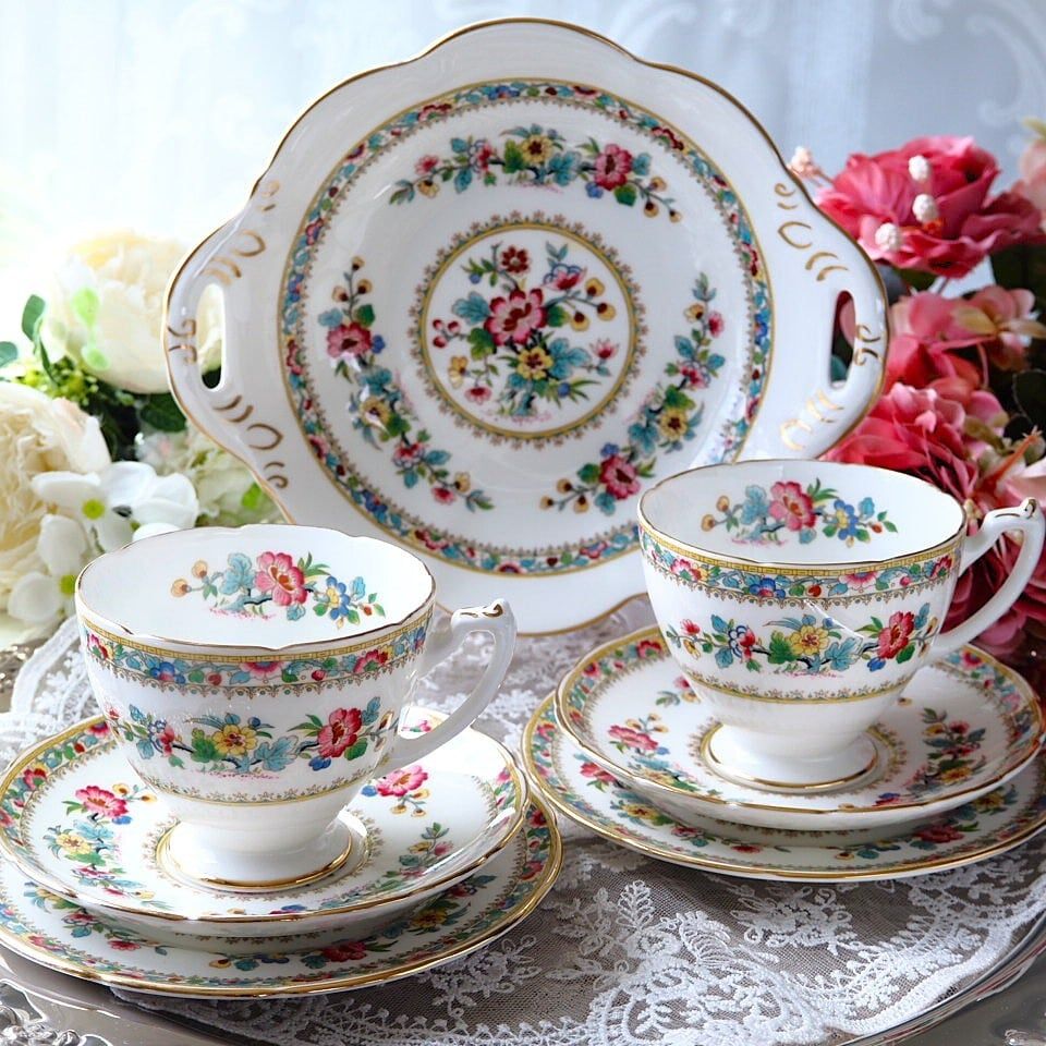 美ヴィンテージ 英国コールポート製ミングローズ トリオ2客 な深皿プレート F 2