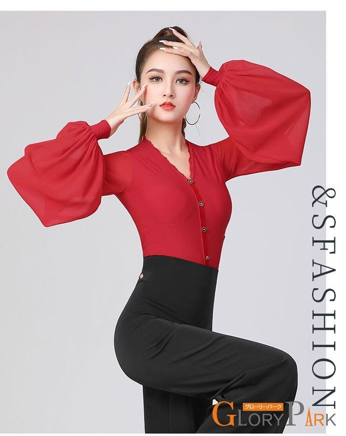 社交ダンス トップス レオタード式 レディース Vネック 長袖 ランタンスリーブ パッド付き ダンスウェア 練習着 競技着 モダン ラテン ルンバ サンバ チャチャチャ レッスン用 上着 ステージ 衣装 演出着 ダンストップス 女性用 社交ダンス トップス レオタード式 レディース Vネック 長袖 ランタン