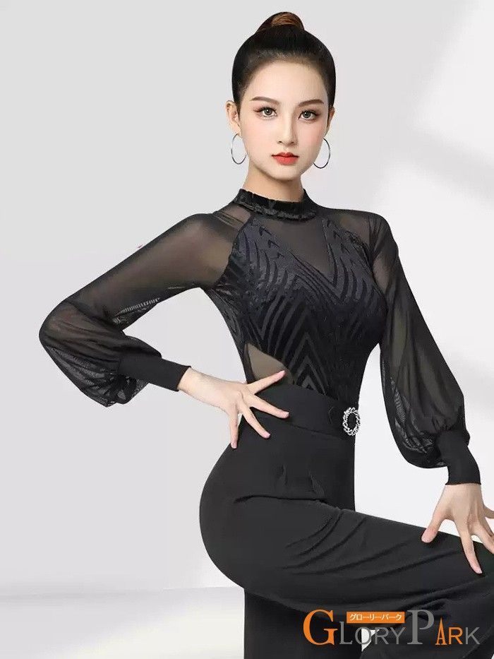 社交ダンス トップス レオタード式 レディース ハイネック 長袖