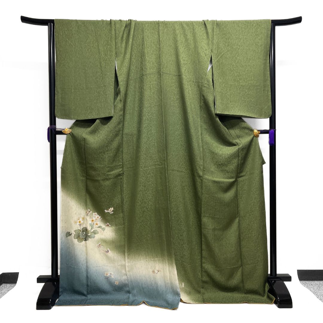 付け下げ 刺繍 花模様 蝶 金糸 紋無し 着物 122 b d ms