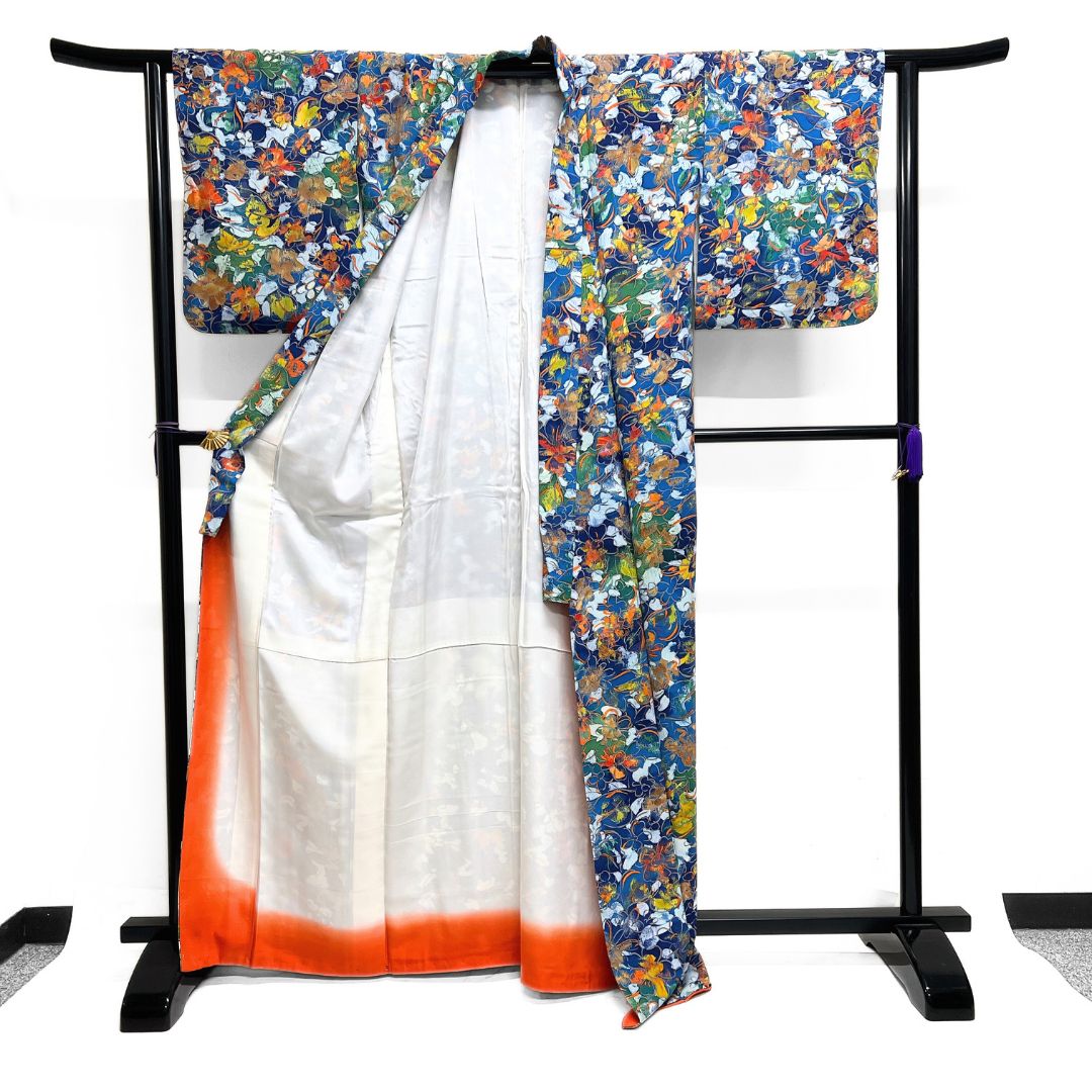  小紋 花模様 ブルー カラフル 抽象模様 着物 122 b d ms 小紋 着物