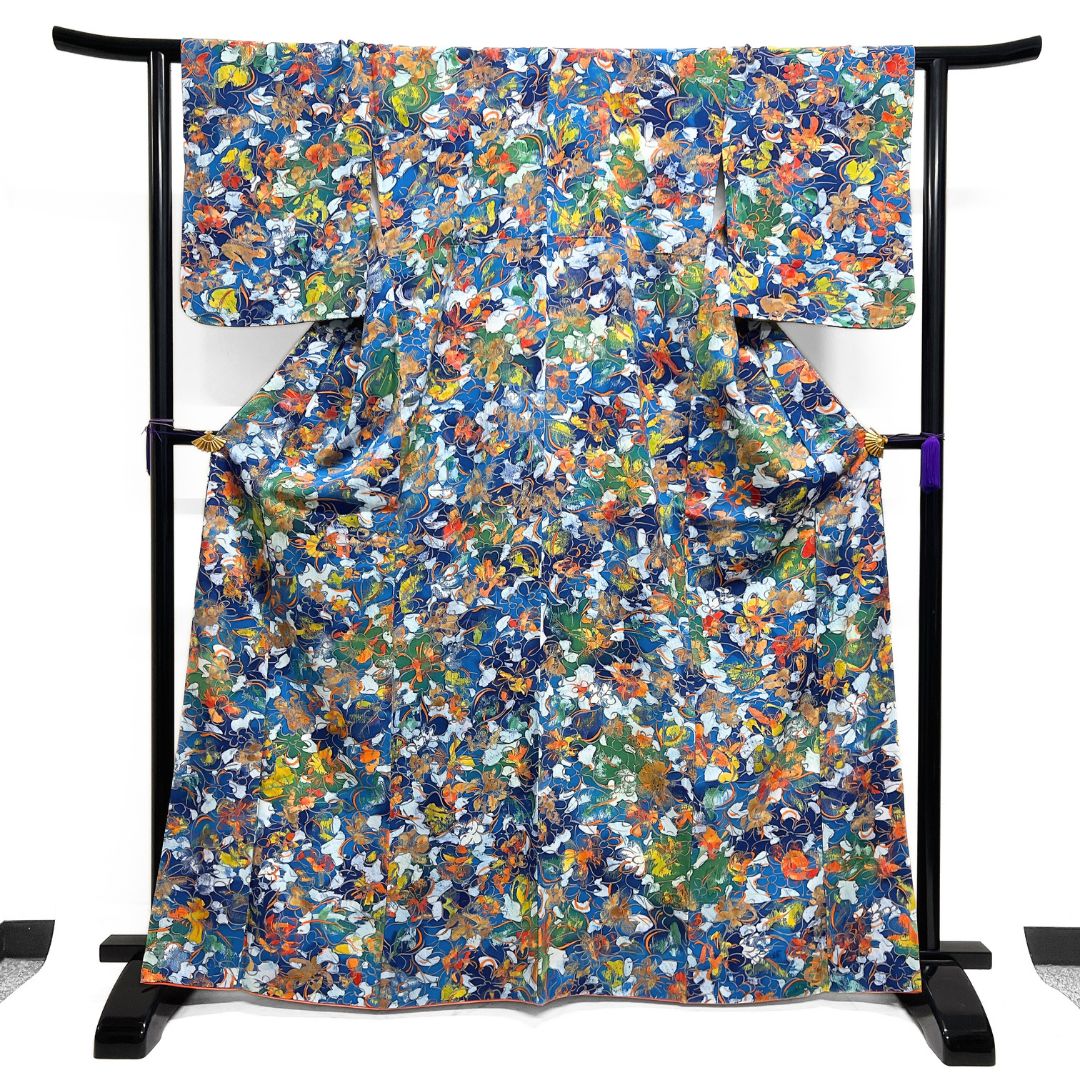 小紋 花模様 ブルー カラフル 抽象模様 着物 122 b d ms