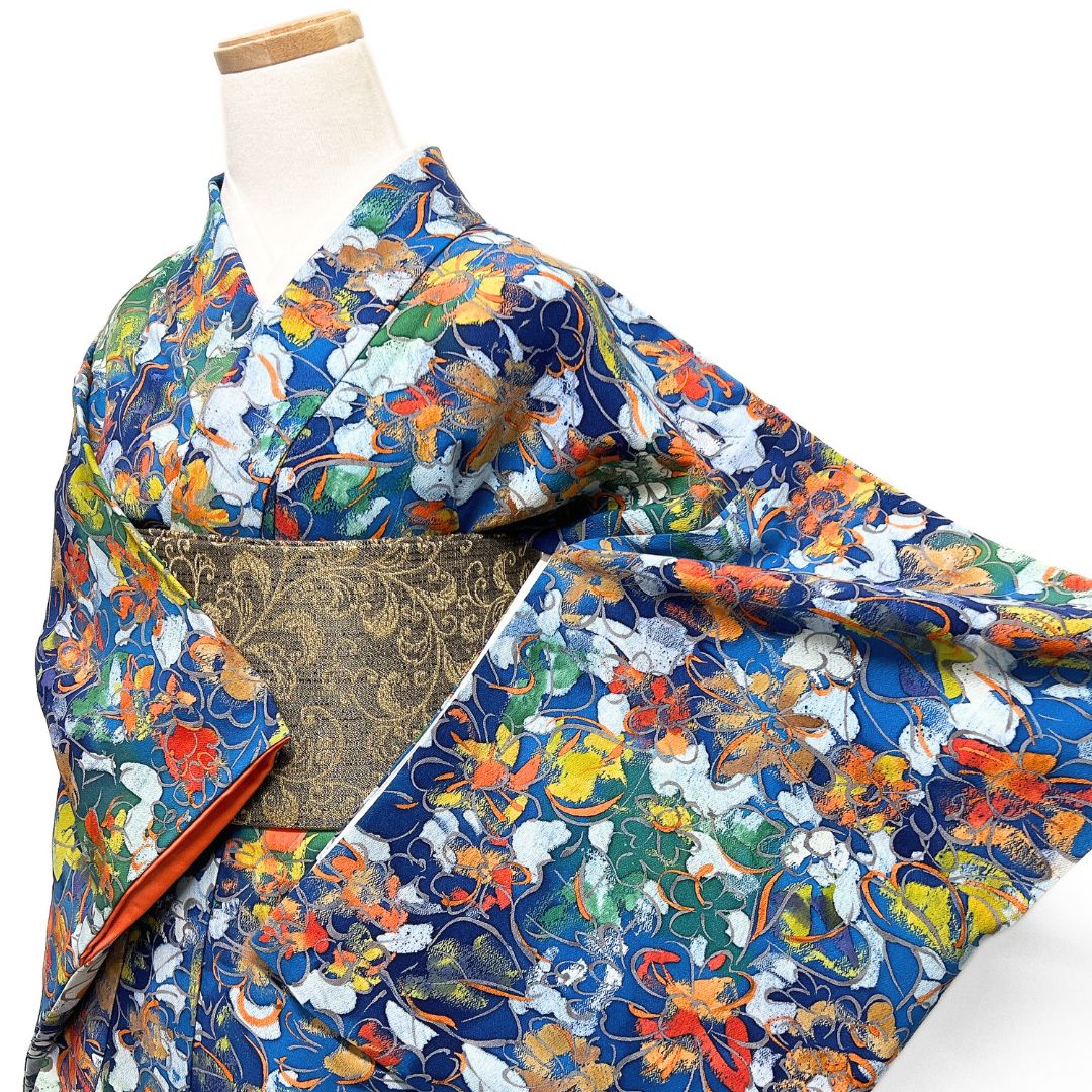 小紋 花模様 ブルー カラフル 抽象模様 着物 122 b d ms