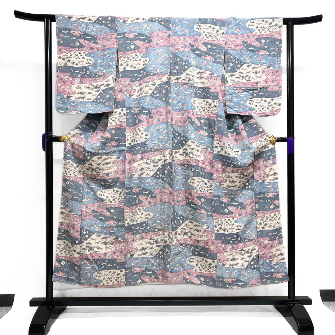 小紋 道長取り 松竹梅 菊 家屋 くすみパステル 着物 122 b d ms