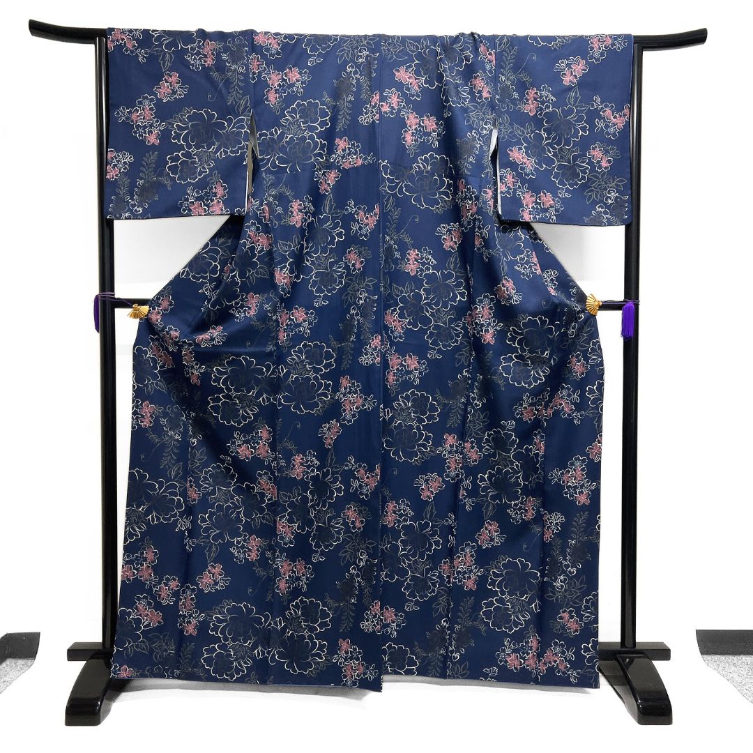 小紋 洗える着物 牡丹 桜 藤 橘 ネイビー 着物 122 b d ms