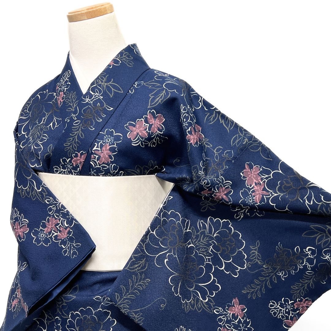 小紋 洗える着物 牡丹 桜 藤 橘 ネイビー 着物 工場 122b d ms
