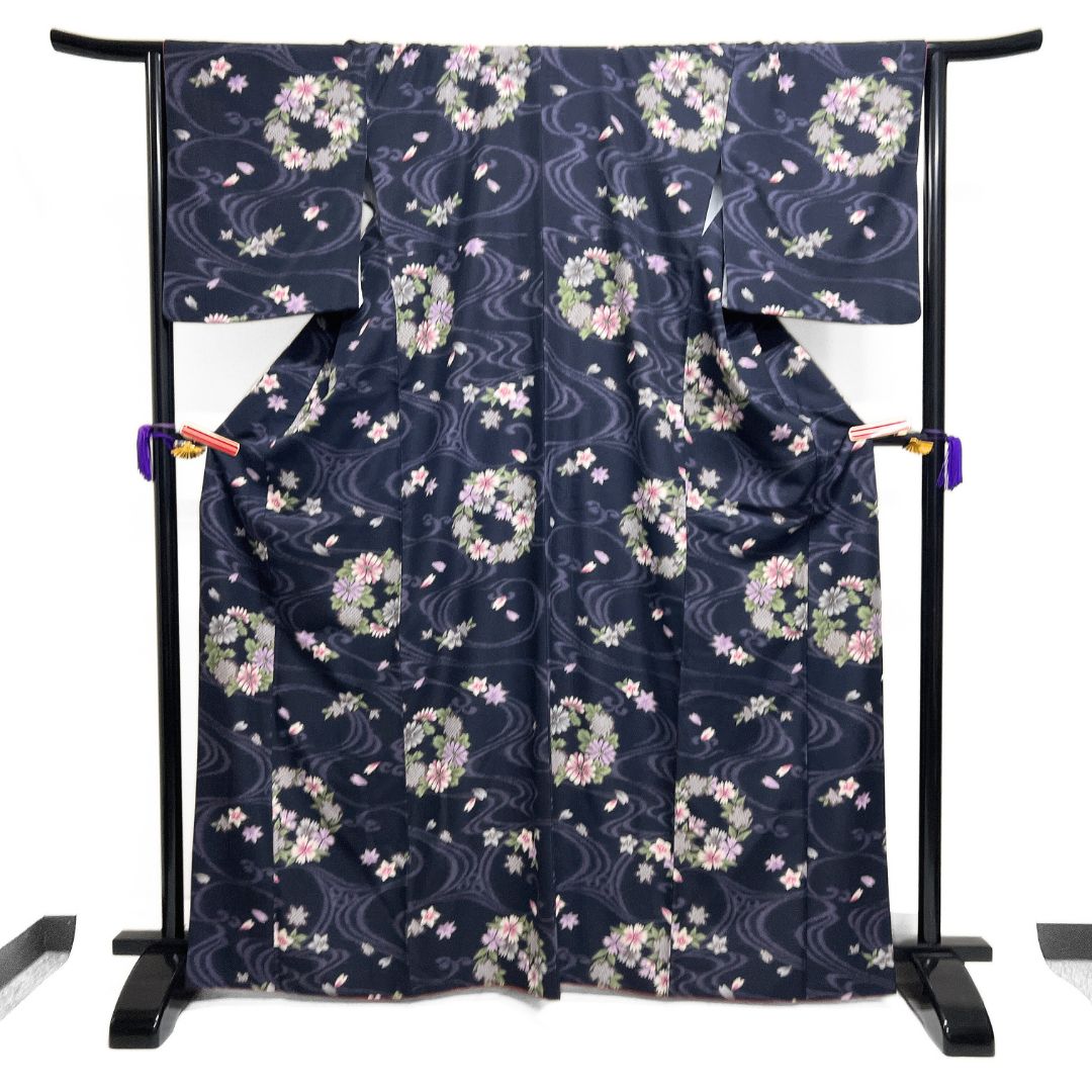 小紋 洗える着物 トップ 花紋 菊 撫子 桔梗 流水 着物 122b d ms 小紋