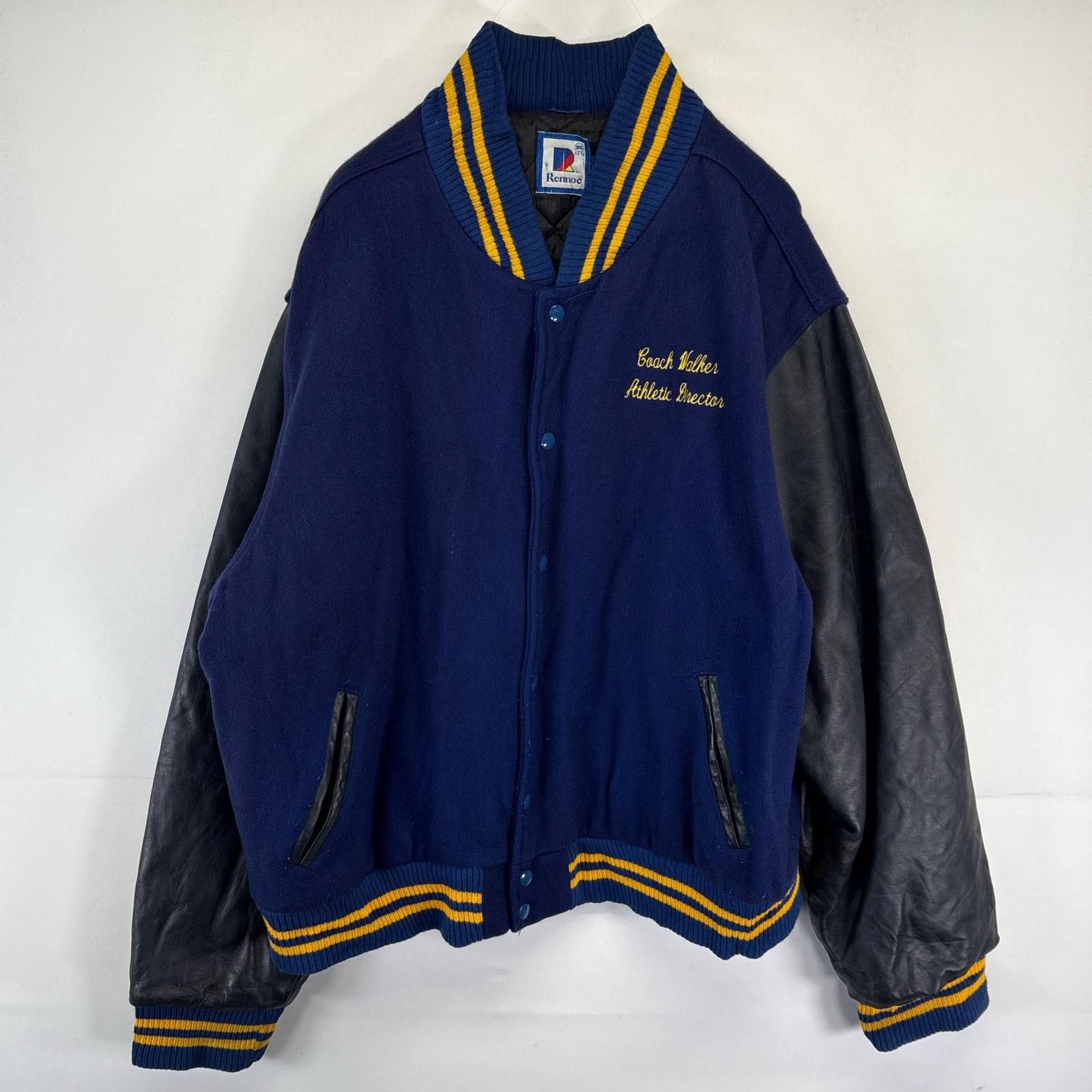 古着 レノック Rennoc USA製 スタジャン ウール ワッペン レザースリーブ 大きいサイズ 刺繍 2XL  ブルー メンズ 古着 レノック Rennoc USA製 スタジャン ウール ワッペン レザー