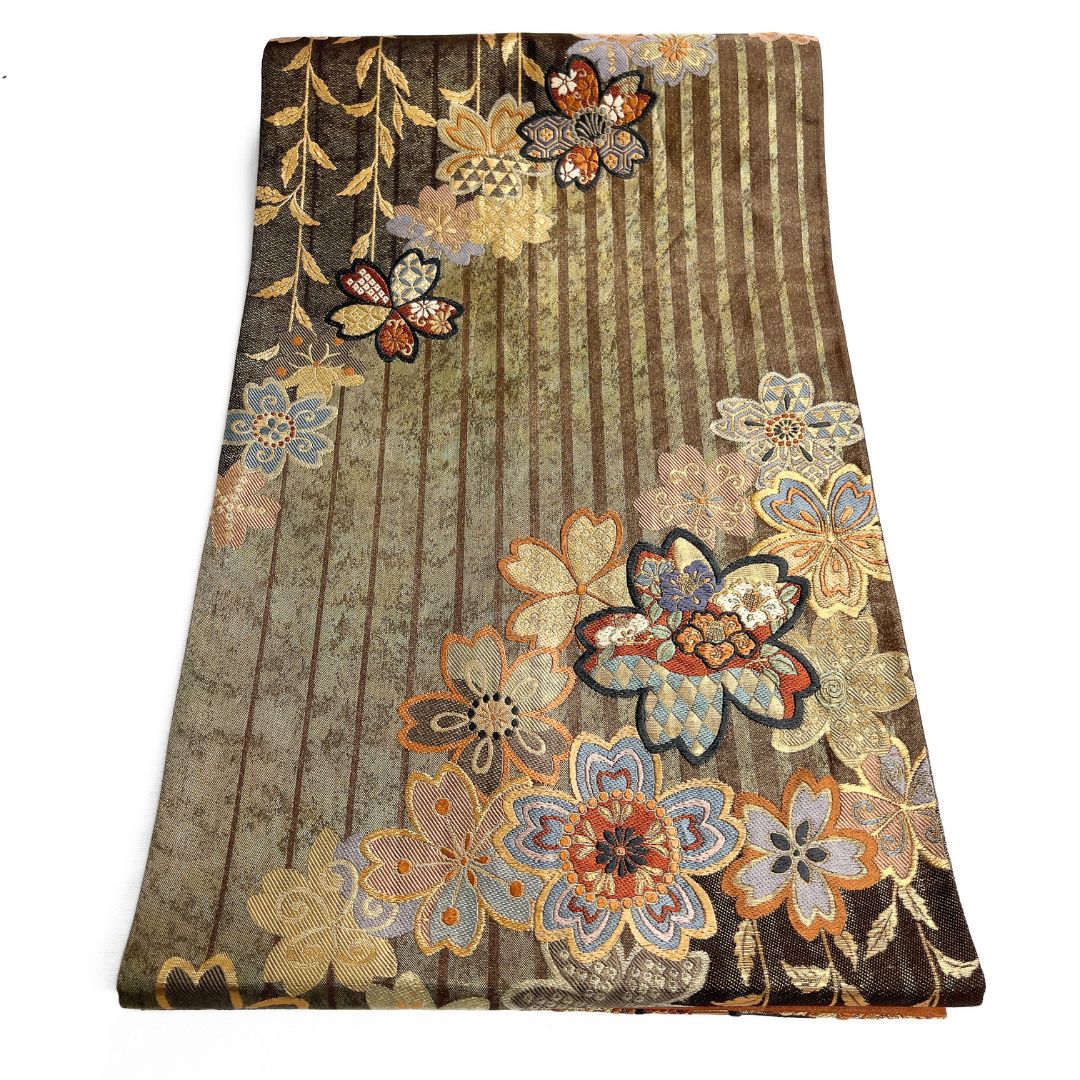 袋帯 縦縞 桜花 枝垂れ 金糸 椿 萩 着物 122 b d ms