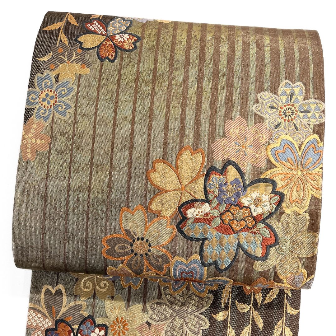 袋帯 縦縞 桜花 枝垂れ 金糸 椿 萩 着物 122 b d ms
