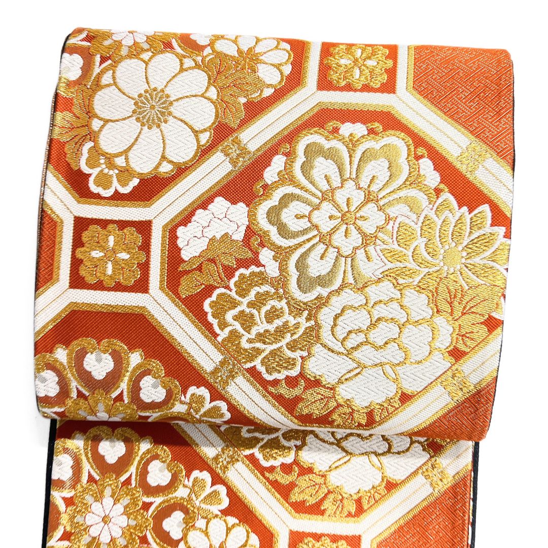 振袖帯 蜀江紋 牡丹 菊 花菱 紗綾形 金糸 着物 122 b d ms