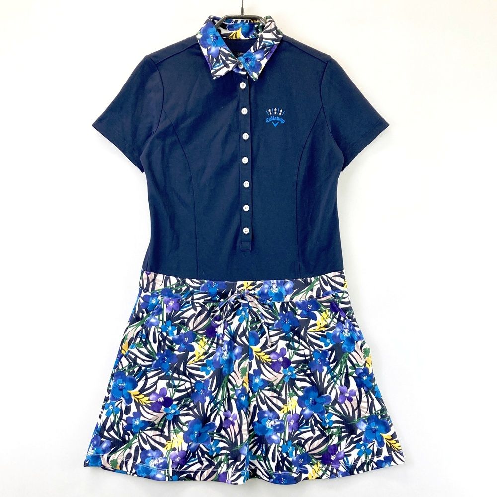 サイズ：S CALLAWAY キャロウェイ 半袖ポロ ワンピース 花柄 ネイビー