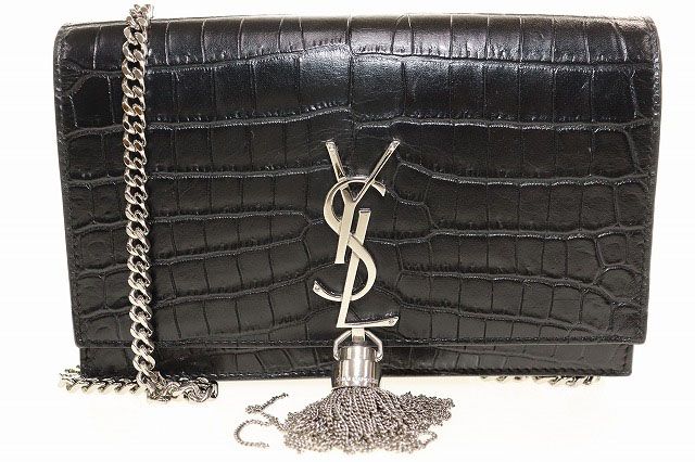 イヴサンローラン YVES SAINT LAURENT ケイト レザー チェーンウォレット タッセルスモール ショルダーバッグ ブラック 型押し 452159 ブランド古着ベクトル AA 251211