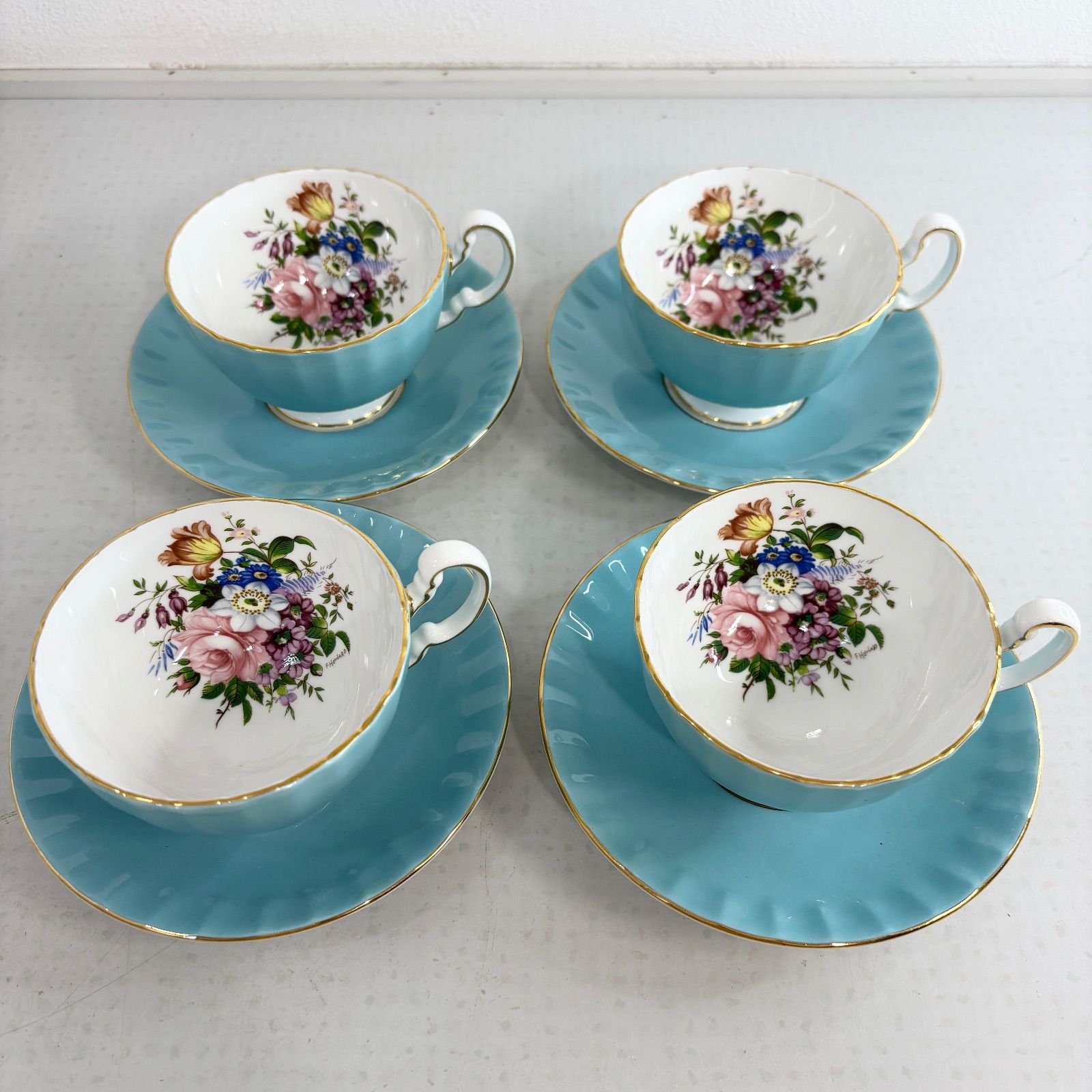 Aynsley ハワードスプレー カップ ソーサー 4客セット ターコイズブルー