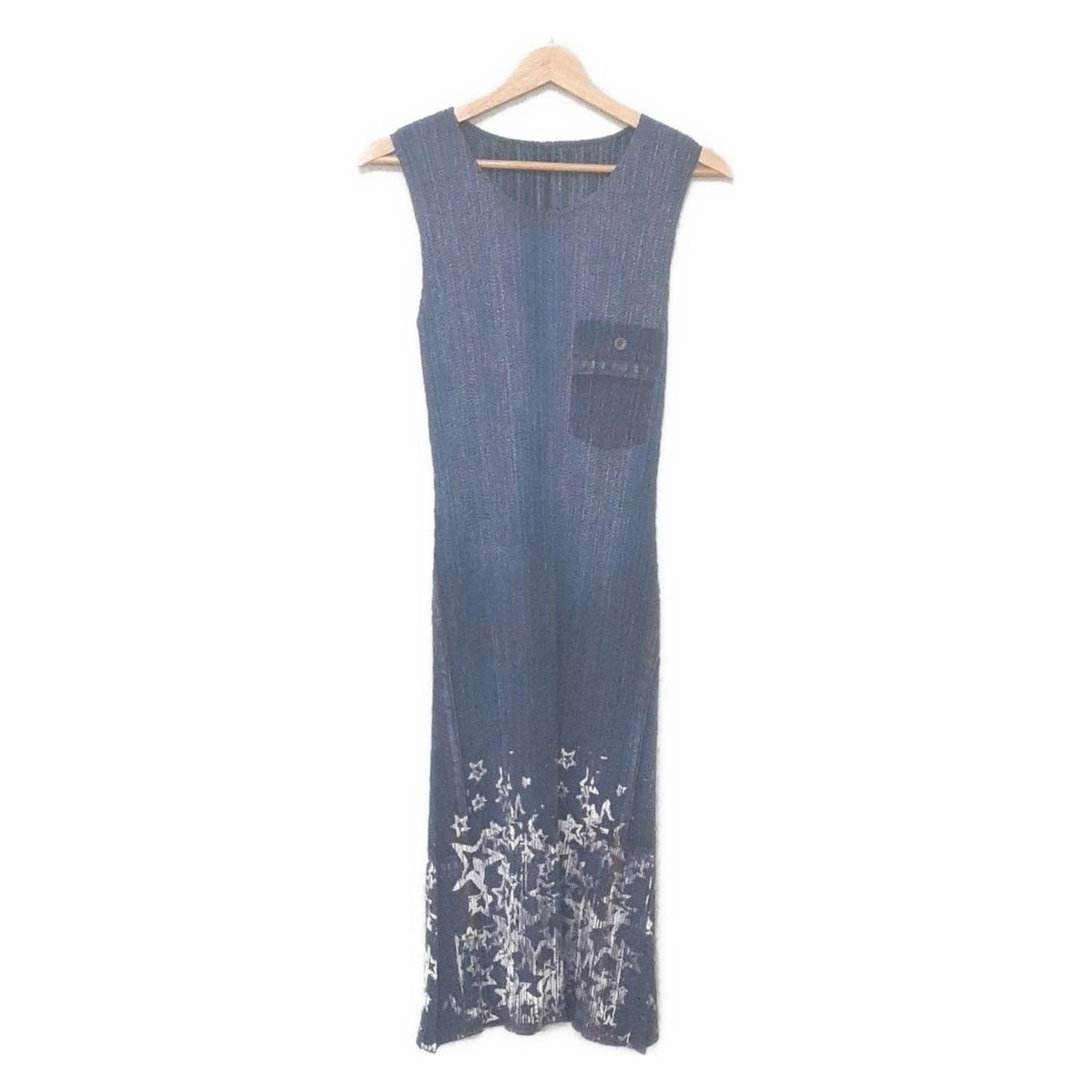 プリーツプリーズ ワンピース サイズ4 XL レディース - ブルー×白×レッド クルーネック|ノースリーブ|ロング|スター 星 |プリーツ