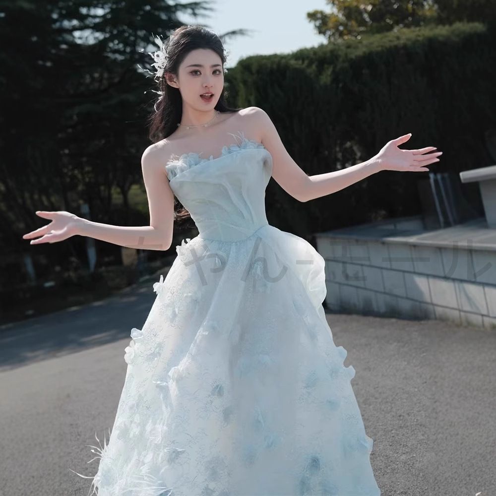 ブルーフラワーイブニングドレス 2025年新作 高級感 軽奢華 ハイエンド 成人式 芸術試験 軽量ウェディングドレス 新婦