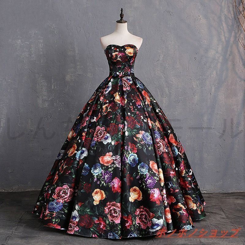ウエディングドレス ピアノ演奏会 オフショルダー ロングドレス 花プリント ブラック 結婚式 花嫁ドレス 二次会 パーティードレス