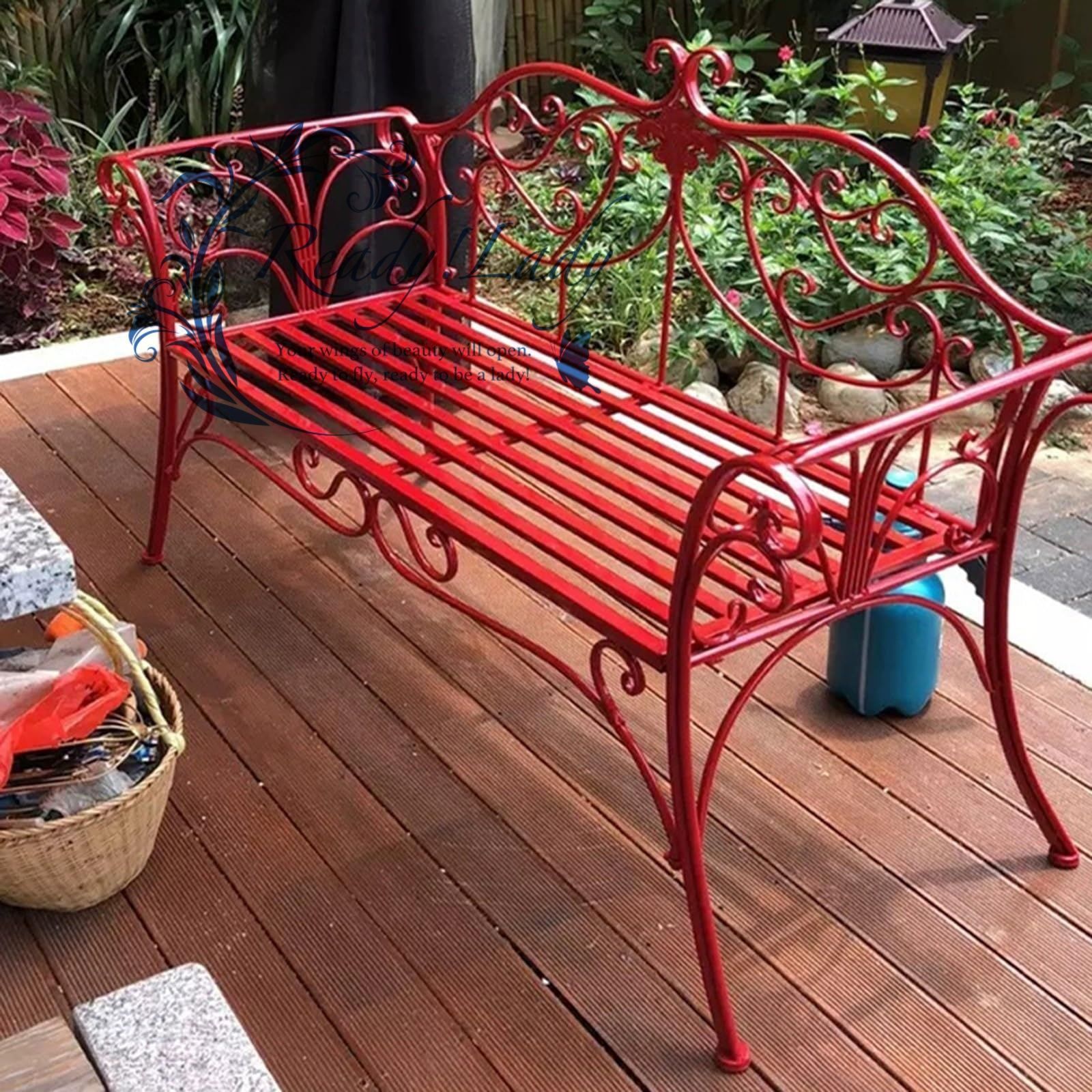 屋外ベンチ 鋳鉄スチールフレームガーデンベンチパティオ家具チェア屋外ベンチ花柄背もたれ 公園 庭 ポーチ用スラットシート Red