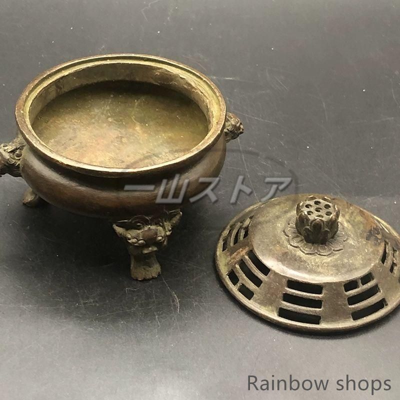 新品・未使用】新品未使用銅器 三足双獅頭香炉 蓮華蓋薫香炉 茶道薫