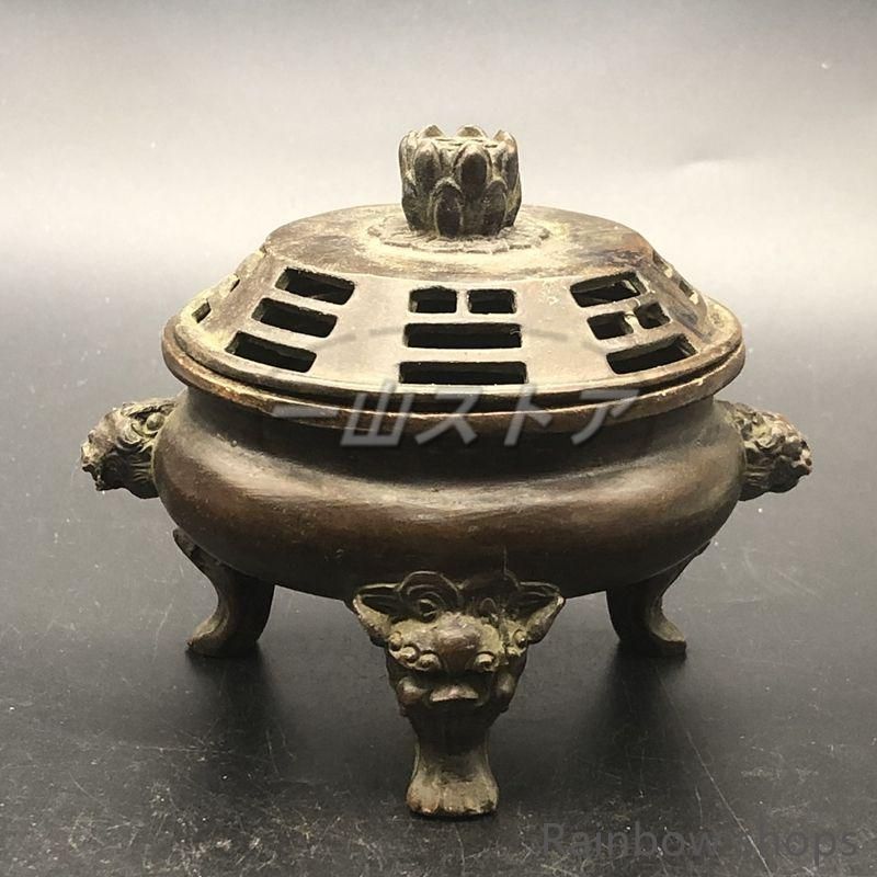 蓮華獅子香炉 茶道具 香道具 工芸品 美術品 置物 新品・未使用】新品未使用銅器 三足双獅頭香炉 蓮華蓋薫香炉 茶道薫