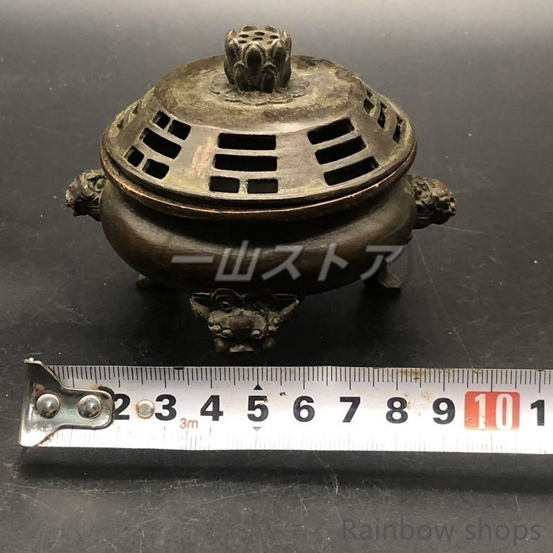 新品・未使用】新品未使用銅器 三足双獅頭香炉 蓮華蓋薫香炉 茶道薫