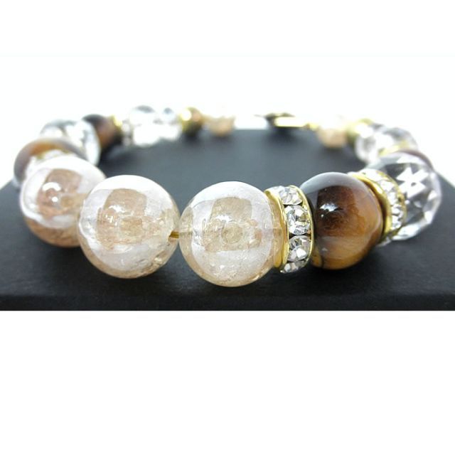 ゴールデンオーラクラック水晶＆タイガーアイブレスレット セット ニューホックタイプ 内径 約１６ ０ｃｍ 巾着袋付