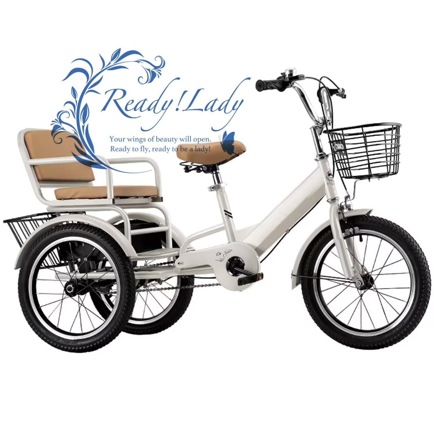 3輪自転車人力車三輪車 ペダル付き タンデム三輪車後部座席 安全ベルトとアームレスト 屋外クルージング用前輪後輪ブレーキ 18寸