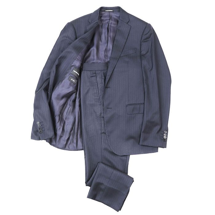Emporio Armani エンポリオ アルマーニ スーツ セットアップ 2020年製 M LINE オルタネイトストライプ 2 B テーラード ウール | シルク ジャケット スラックス メンズ 46|サイズ表記無 ネイビー 紺 ブルガリア製