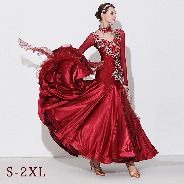社交ダンス ドレス 社交ダンス衣装 ワンピース 長袖 広がる裾 花柄 レッスン着 発表会 競技着 練習着 演出用 ワルツ ロング丈 オールシーズン ワインレッド S M L XL 2 XLグローリーパーク