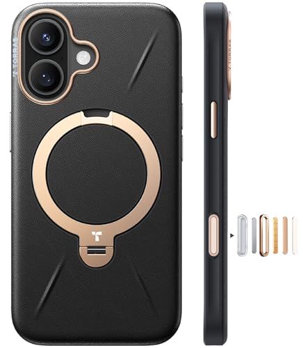 新感覚レザー スキンタッチ TORRAS iPhone 16 用 ケース 革 360°回転スタンド 縦横両対応 リング マグネット搭載 MagSafe対応 ワイヤレス充電対応 米軍規格耐衝撃 指紋防止 黄変防止 Ostand Q 3 レザートーン こくよう s