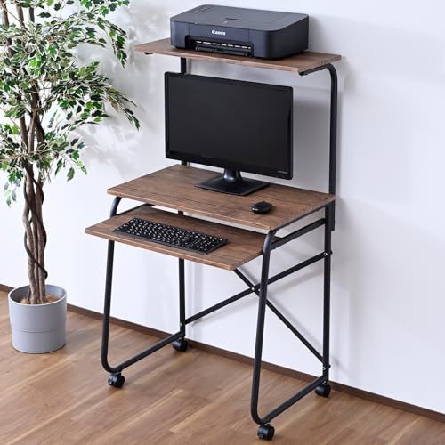 山善 YAMAZEN パソコンデスク コンパクト 上棚 スライダー キャスター付き 幅65×奥行49×高さ116 122 cm 学習机 勉強机 組立品 アンティークブラウン サンドブラック GHP-65 HC ABR SBK s