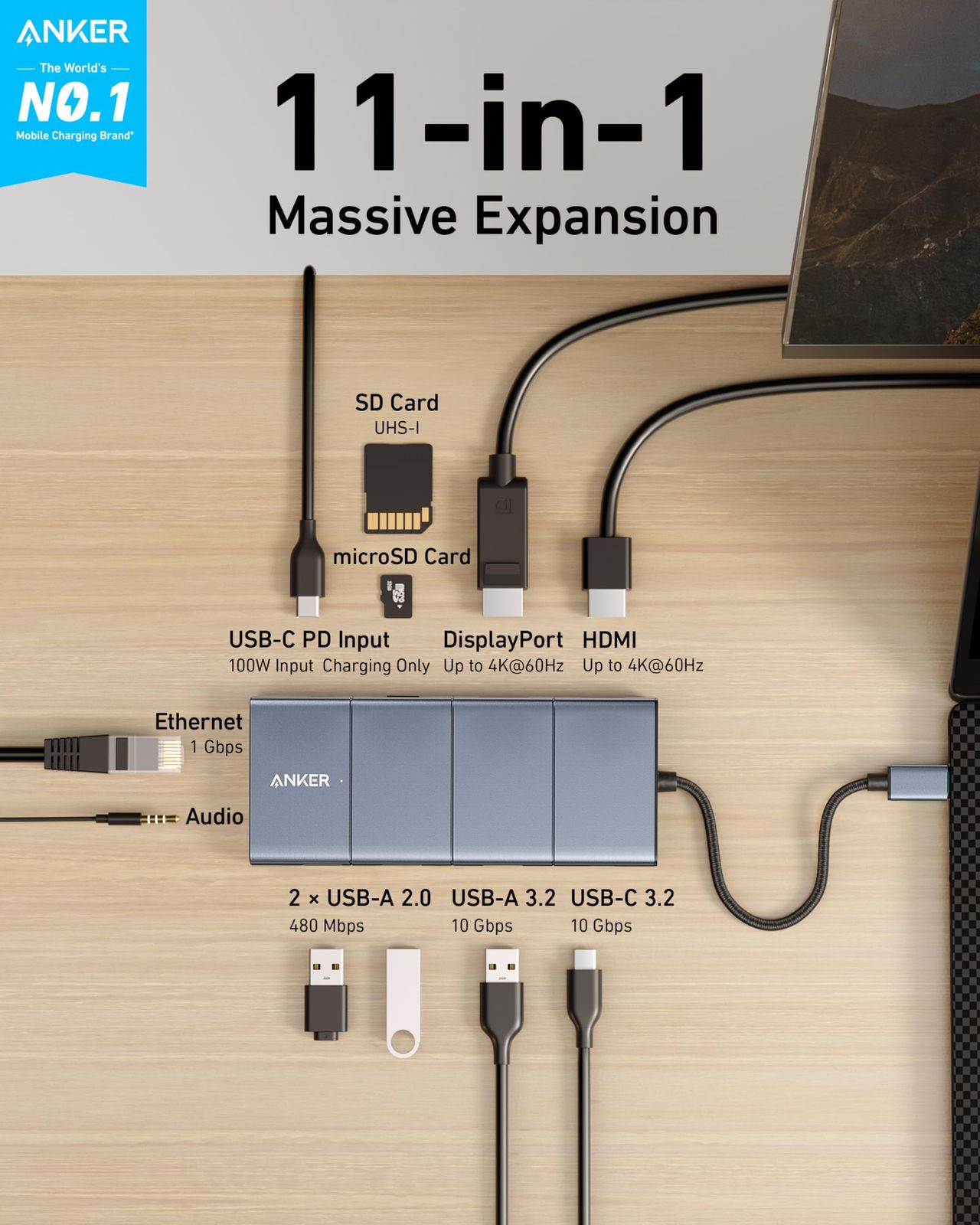 Anker 565 USB-C ハブ 11-in-1 10 Gbps 高速データ転送 4 K HDMIポート DisplayPort 100 W USB PD対応 3.2 Gen 2 USB-Cポート USB-Aポート イーサネットポート 搭載 A