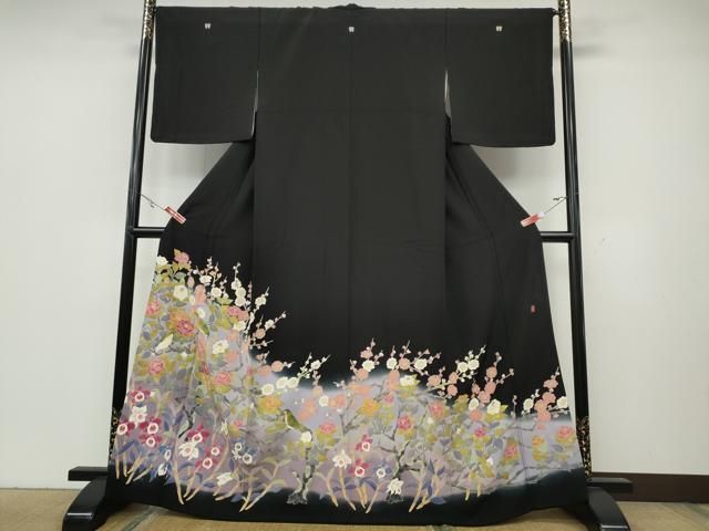 平和屋着物●本加賀友禅作家 百貫華峰 黒留袖 休み鳥枝花文 暈し染め 正絹 ut