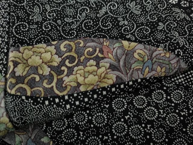 平和屋着物○伝統工芸士 染谷梅治 小紋 道長更紗花文 黒地 さが美扱い