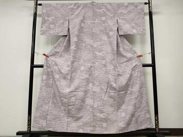 平和屋着物●結城紬 120亀甲 遠山風景草花文 正絹 ut