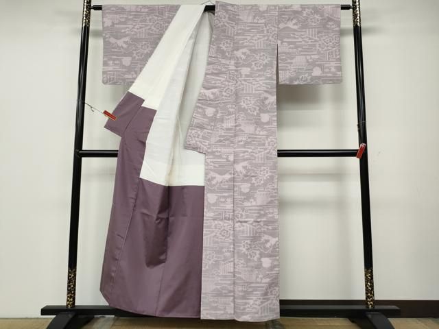 平和屋着物○結城紬 120亀甲 遠山風景草花文 正絹 逸品 CABA8284ut