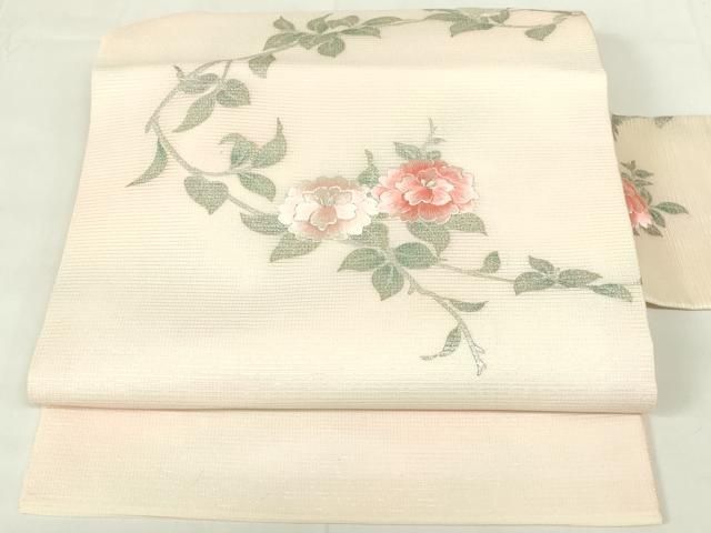 平和屋着物＊夏物　九寸名古屋帯　刺繍　草花文　銀彩　正絹　逸品　DAAZ9081qp 平和屋着物＊夏物 九寸名古屋帯 刺繍 草花文 銀彩 正絹 逸品