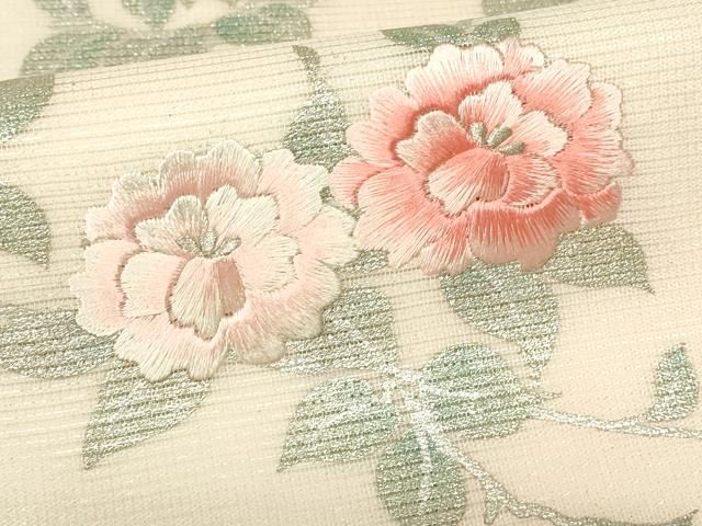 平和屋着物＊夏物 九寸名古屋帯 刺繍 草花文 銀彩 正絹 逸品