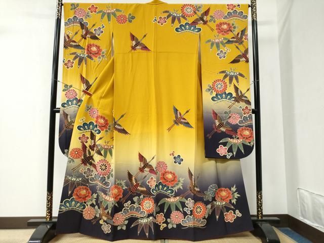 平和屋着物○手ざし京紅型染・宮崎紅型 宮崎良次 振袖 飛鶴松竹梅花文