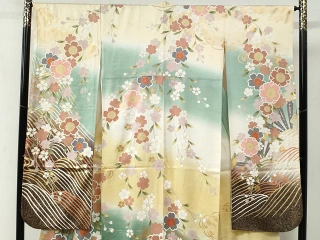 平和屋着物○豪華振袖 駒刺繍 立波草花文 暈し染め 金彩 正絹 逸品