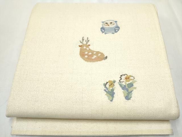 平和屋着物●西陣　川島織物　太鼓柄袋帯　すくい織　鹿　フクロウ草花文　証紙付き　正絹　逸品　CABB0681hy 平和屋着物○西陣 川島織物 太鼓柄袋帯 すくい織 鹿 フクロウ草花文